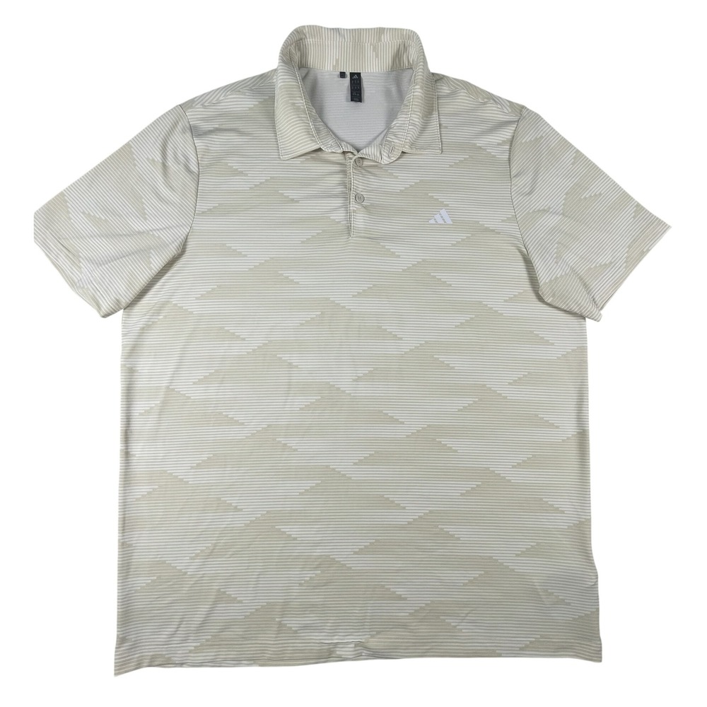Adidas Polo Shirt Mens XL Beige Geometric Print Golf Performance Short Sleeve